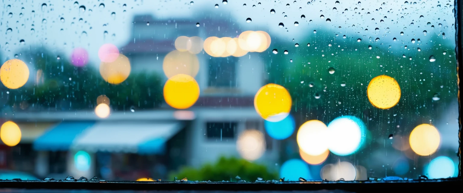 The whole glass window is covered with rain .The fog is so thick that you can’t see the actual scene.Bokeh background outside window.No window frames .Close-up of partial rain on glass.Don’t have a real image in the background.Just a rough bokeh effect.You can feel the raindrops flowing on the glass。Rain slides across the glass，Blurred the outside scene，Only the beauty of bokeh is left。This picture makes people feel peaceful、comfortable，It’s like being in a small world sheltered from the wind and rain。poetic picture