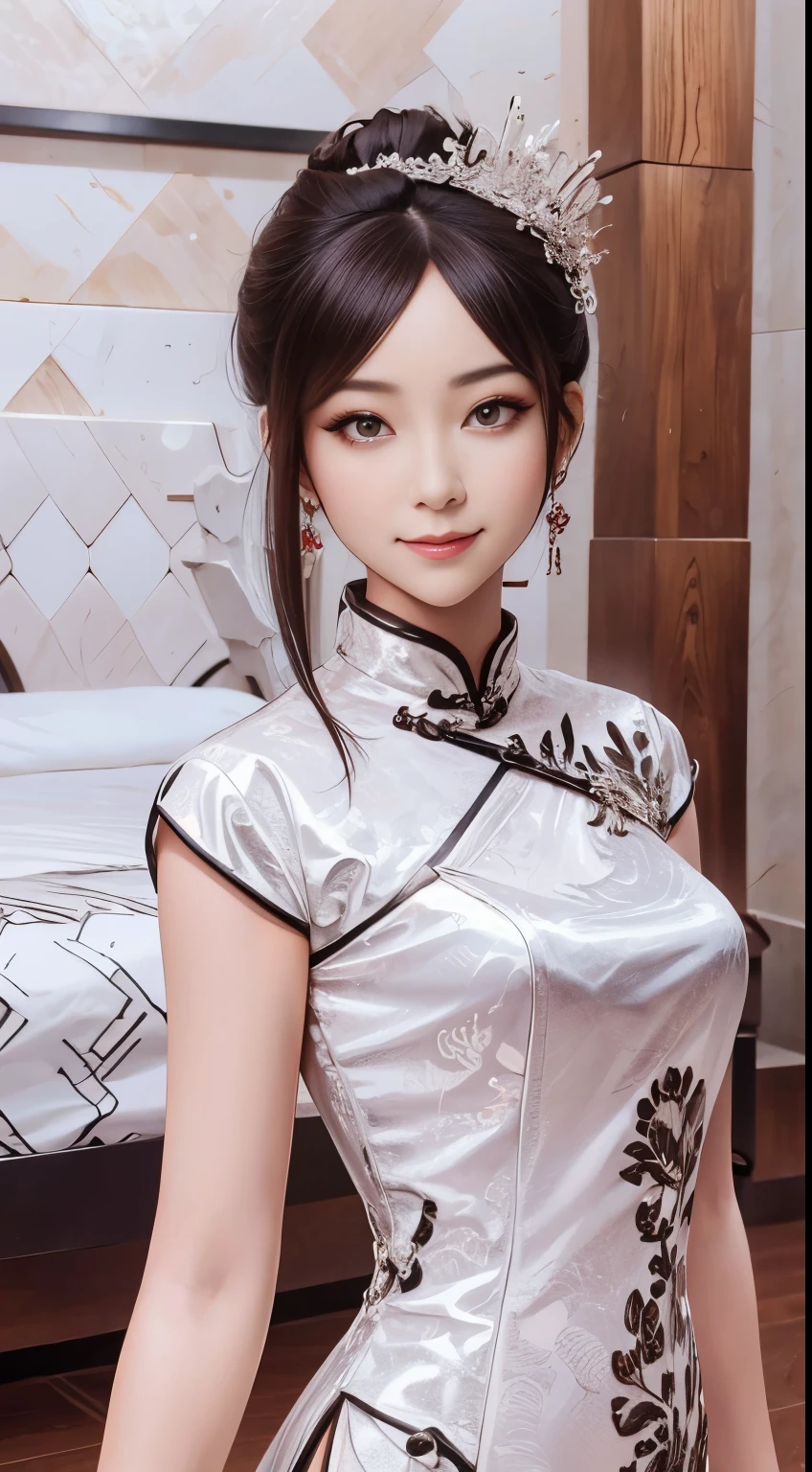 A beautiful Chinese princess in a dynamic half-body portrait, elegant updo hairstyle with a large red crown, veil, vivid purple eyes, hair adorned with intricate floral arrangements, crystal jewelry and embroidery, (best quality,8k,masterpiece:1.2),ultra-detailed,extremely detailed eyes and face,longeyelashes,photorealistic,studio lighting,vivid colors,digital art,concept art