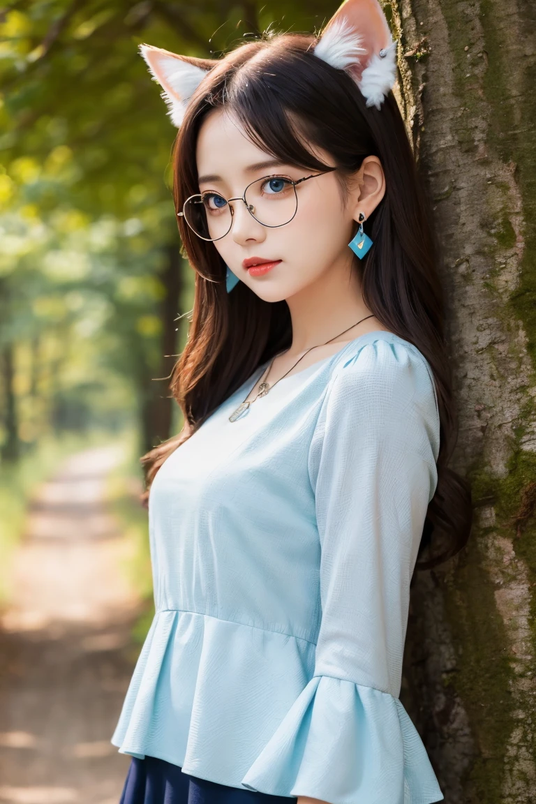 ((masterpiece)), ((best quality)), (ultra-detailed), ((kawaii)), cute, (lovely), ((extremely detailed)), 4K, (8K), best quality, (beautiful), illustration, upper body, walking, (mysterious forest), evening, a cute girl, 1girl, solo, (peplum blouse:1.3), skirt, beautiful red hair, beautiful blue eyes, ((beautiful eyes)), (wellington glasses:1.3), long hair, hair blowing in wind, lip, cat ears, earrings, necklace, shy, blush, forest lay light,