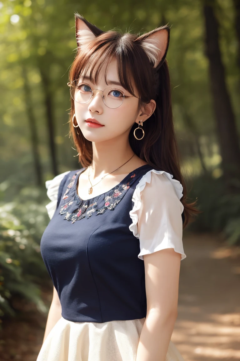 ((masterpiece)), ((best quality)), (ultra-detailed), ((kawaii)), cute, (lovely), ((extremely detailed)), 4K, (8K), best quality, (beautiful), illustration, upper body, walking, (mysterious forest), evening, a cute girl, 1girl, solo, (peplum blouse:1.3), skirt, beautiful red hair, beautiful blue eyes, ((beautiful eyes)), (wellington glasses:1.3), long hair, hair blowing in wind, lip, cat ears, earrings, necklace, shy, blush, forest lay light,