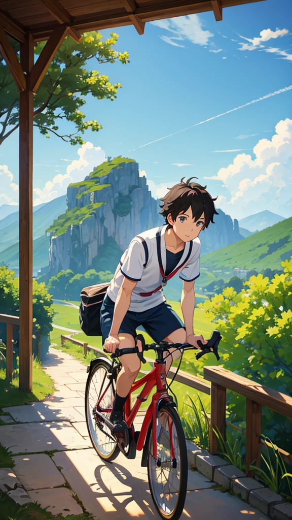 Studio ghibli style anime , a boy ride on cycle, anime scene.