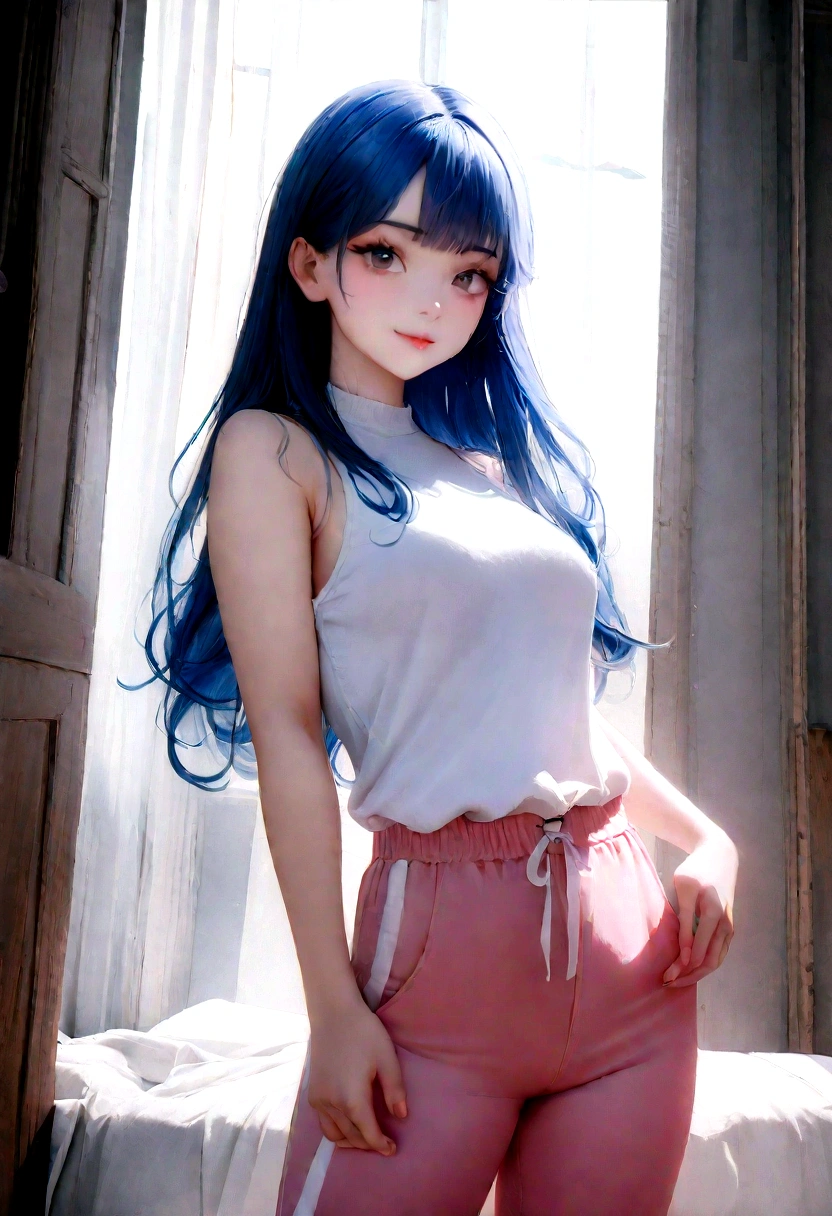 (8K, raw-photo, best qualityer, Masterpiece artwork:1.2), (details Intricate), perfects eyes, face perfect, perfect lighting, comely, (Masterpiece artwork:1.2), (best qualityer:1.2), 1 girl, standing alone, marinette, blue-haired, long and loose hair, adult torso, r old, slightly-smile, medium sized breasts, white sleeveless shirt, pink training pants