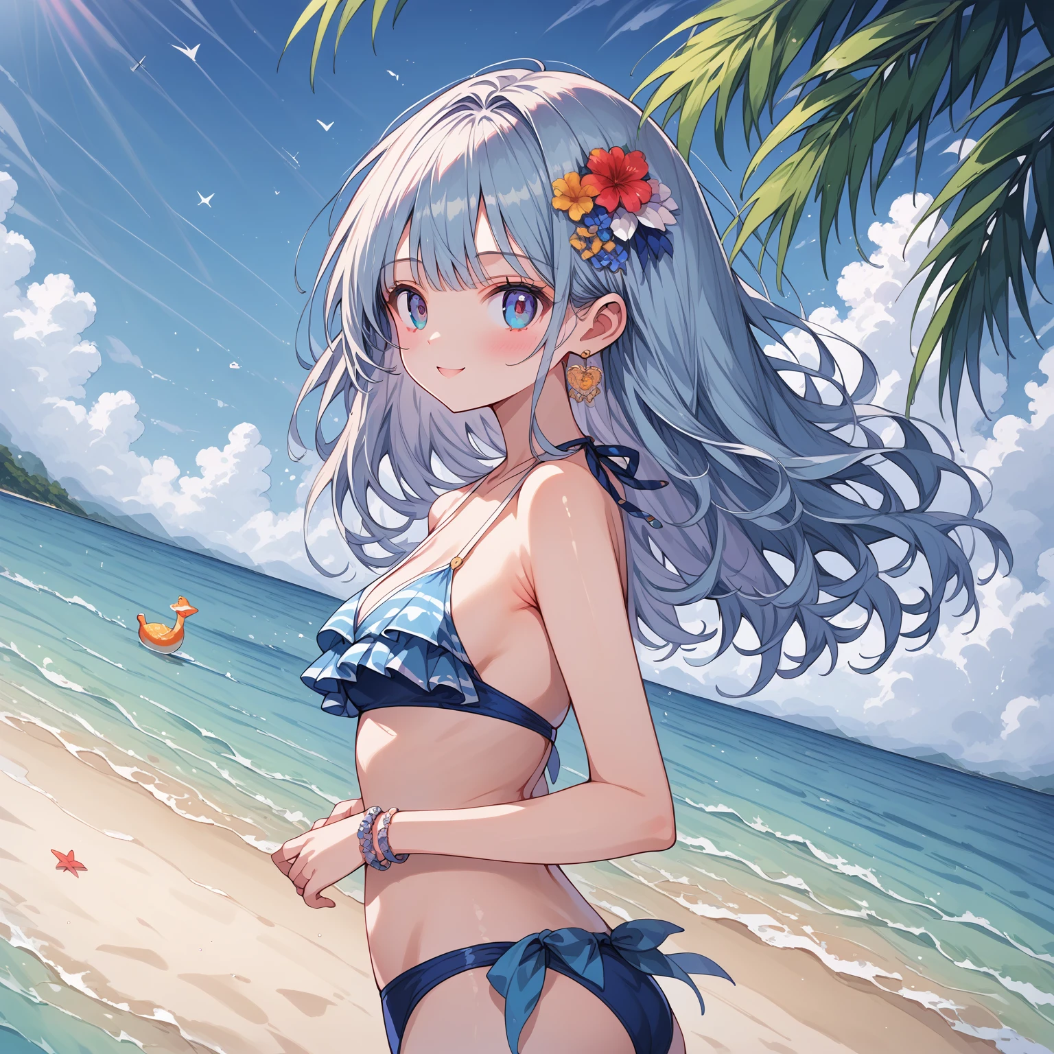 score_9, score_8_up, score_7_up, source_anime,masterpiece, best quality, high resolution, extremely detailed CG, absurdres, highres, 1girl, solo, cowboy shot,cute face, :D, summer beach background, bikini, frills,neondskdrmsxl,babycreamxl, (((((vivid color)))))