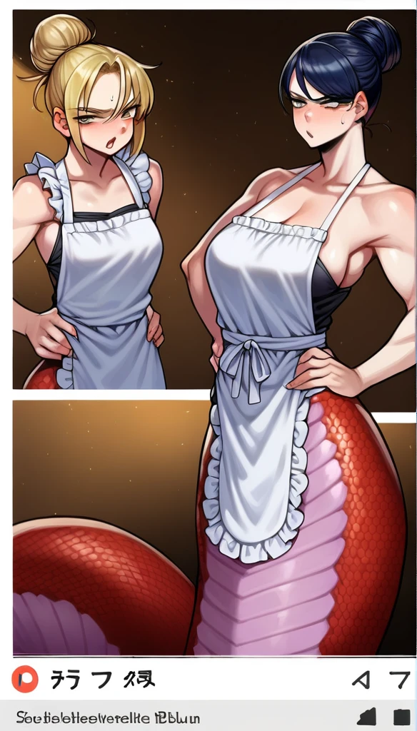  score_9_up, ((adult)), (lamia:1.2), (2others, separate screen), (female, beautiful face, skin scales, snake skin scales), (Disheveled long length bun hairstyle), (Disheveled sport croptop, apron), (show snake tail), (hands on hips, her angry face expression), scene background