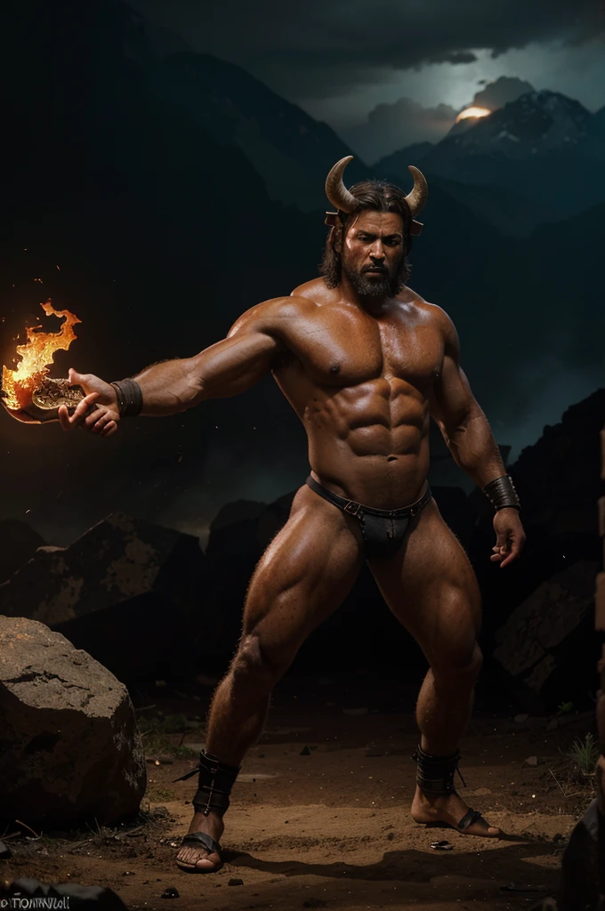 a minotaur on a flaming rock, warrior attire, man body, bull legs and head , hell scenery, full body, (best quality,4k,8k,highres,masterpiece:1.2),ultra-detailed,(realistic,photorealistic,photo-realistic:1.37),concept art,dark fantasy,cinematic lighting,dramatic colors,intricate details,muscular body,horns,hooves,fiery background,hellish environment,moody atmosphere,powerful presence
