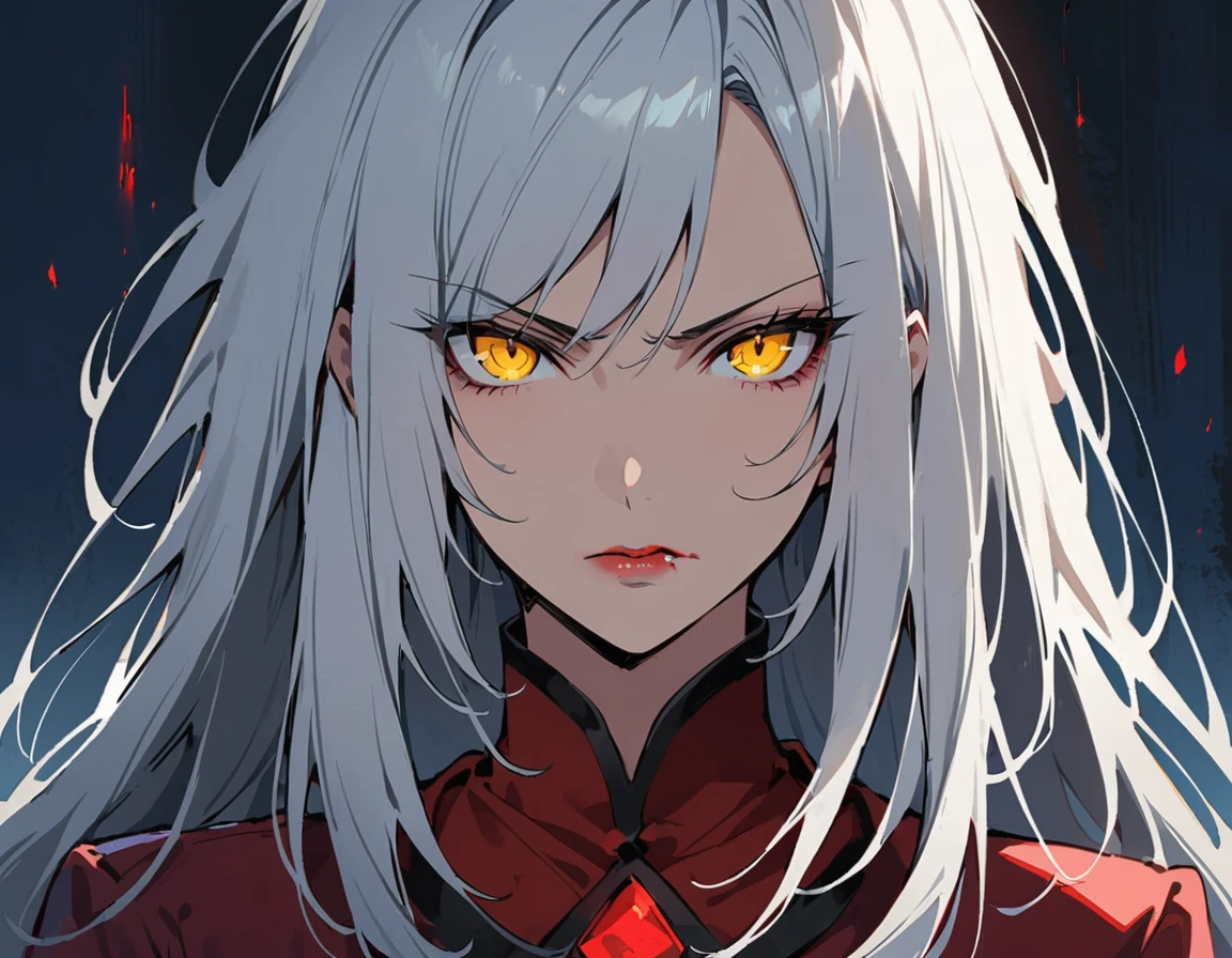 Long white hair, yellow eyes, evil, sexy, black and red clothes, cute hairstyle, evil face, evil, serious look, gloss lips, sinister, front look, bloody, gloves, (((half-body portrait))), beautiful eyes, short dress, big white, dark place, night, sensual, straight hair cut, clear skin, evil, young 30 years girl, adult girl, solo, red, very long hair, (((Older mature woman)))