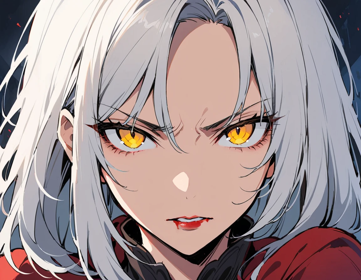 Long white hair, yellow eyes, evil, sexy, black and red clothes, cute hairstyle, evil face, evil, serious look, gloss lips, sinister, front look, bloody, gloves, (((half-body portrait))), beautiful eyes, short dress, big white, dark place, night, sensual, straight hair cut, clear skin, evil, young 30 years girl, adult girl, solo, red, very long hair, (((Older mature woman)))