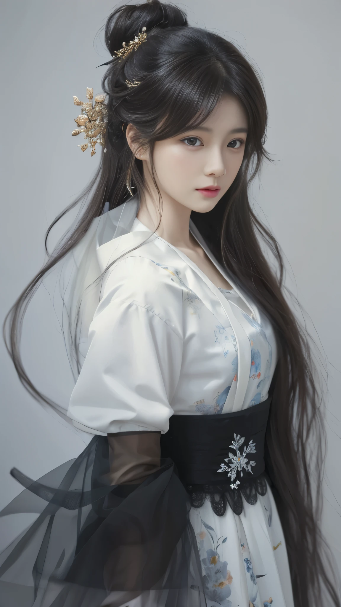 A painting,The painting shows a woman with long hair wearing a white dress, Beautiful character painting, Gu Weiss, artwork in the style of Gu Weiss, author:Yang J, author:Fan Qi, author:Zhang Han, author曾静, by Zhou Wenjing, Gu Weiss masterpiece, author:Li Song, Beautiful anime portrait, author:Ye Xin, author:Song Xu