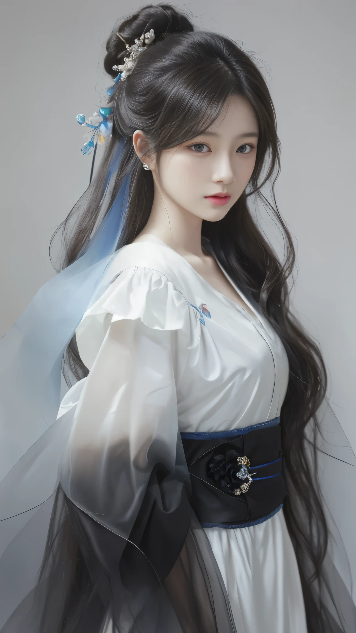 A painting,The painting shows a woman with long hair wearing a white dress, Beautiful character painting, Gu Weiss, artwork in the style of Gu Weiss, author:Yang J, author:Fan Qi, author:Zhang Han, author曾静, by Zhou Wenjing, Gu Weiss masterpiece, author:Li Song, Beautiful anime portrait, author:Ye Xin, author:Song Xu