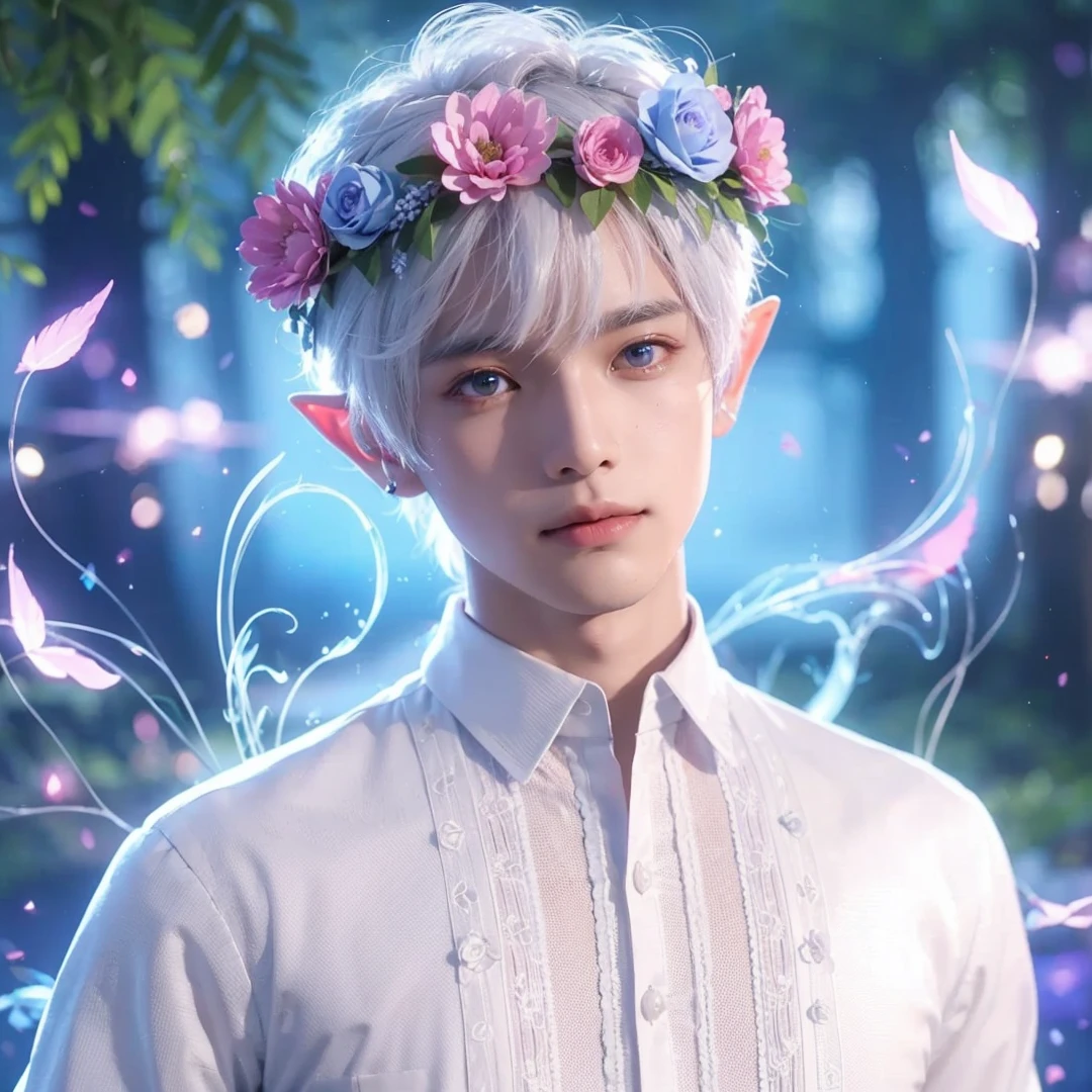 Handsome boy, white hair, white eyes, wearing pink and light blue flower crown, wearing white barong tagalog, elf ear, "surrounded by light blue, pink, and purple light, magic forest background