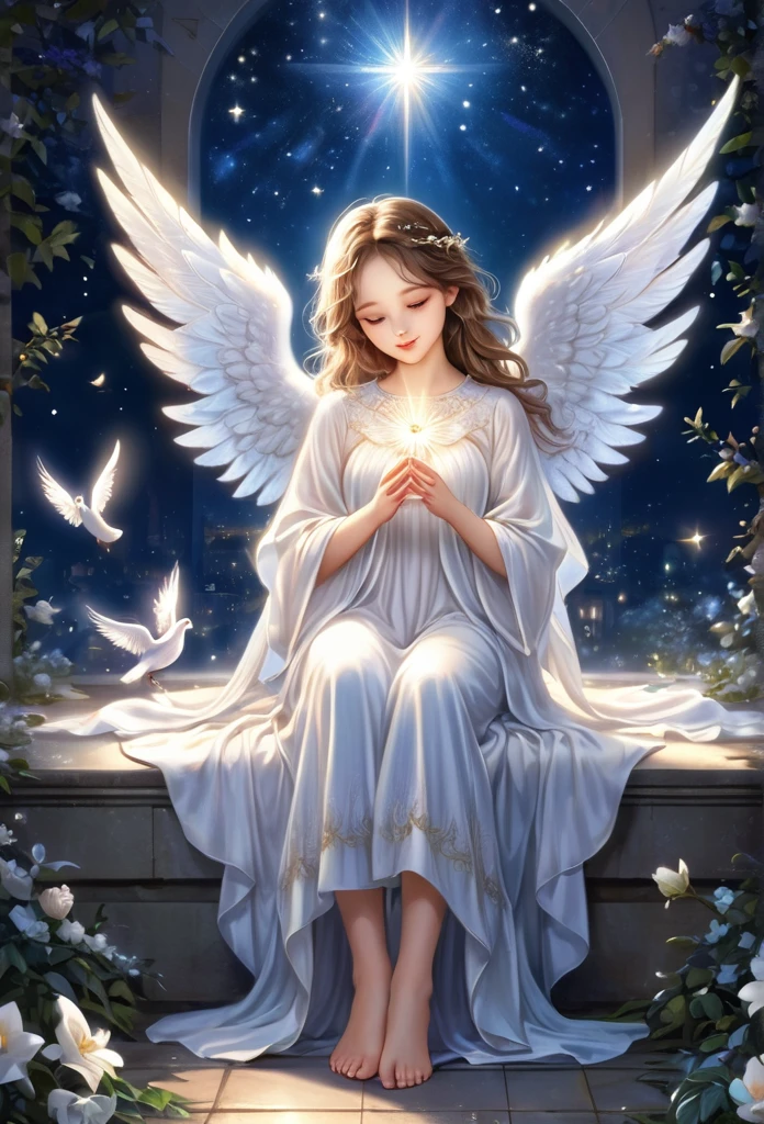  (abot 4 years)angel,((full body)) delicate angel wings,knelling,bright night,holdin a dove, Magic background(refined details),(art work),(high quality)