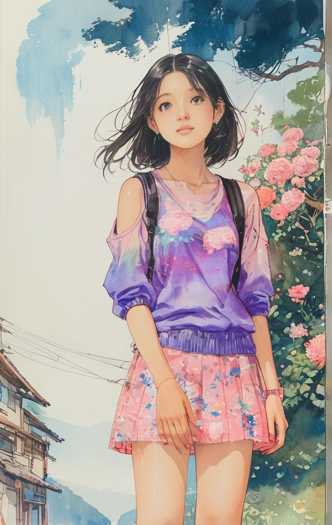 8K,​masterpiece,top-quality, (From below:1.6) ,Dynamic Pose,30 years old 1 girl, Holding a large bouquet,Portrait, Floral, watercolor sketch, light, Long hair, ssmile, watercolor paiting \(Medium\),watercolor paiting,Plain tank top,Plain light blue sweater,long  skirt、Sketch of transparent manga girl drawn with neon purple pink lines, sitting at bus stop, countryside scenery, summer day, blend of 3D photography and 2D line art, nostalgic atmosphere.