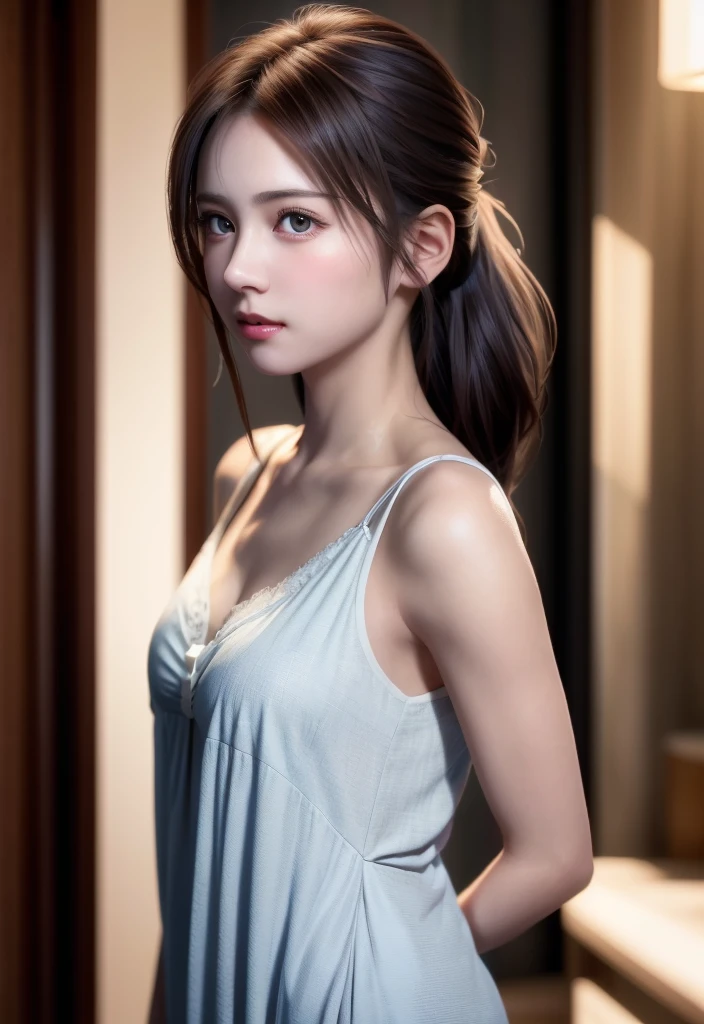 8K, of the highest quality, masutepiece:1.2), (Realistic, Photorealsitic:1.37), of the highest quality, masutepiece, Beautiful young woman, Pensive expression, Gentle eyes, Cute Nightgown、full of shyness、Hair tied back, Messy mood, Cinematic background, Light skin tone