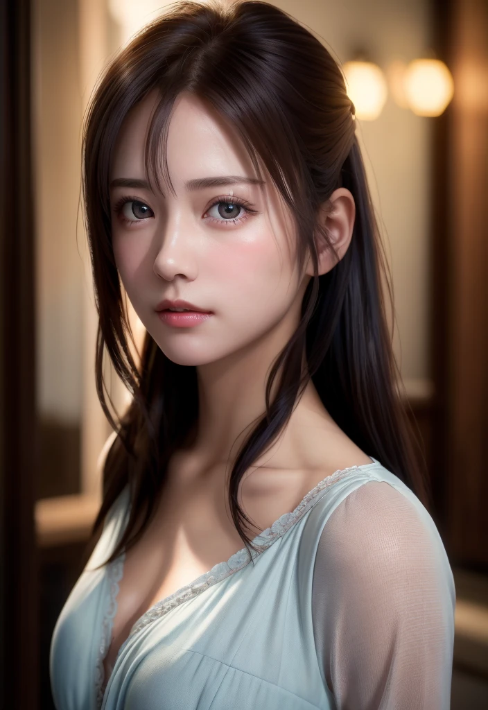 8K, of the highest quality, masutepiece:1.2), (Realistic, Photorealsitic:1.37), of the highest quality, masutepiece, Beautiful young woman, Pensive expression, Thoughtful look, Cute Maid Clothes, Hair tied back, Messy mood, Cinematic background, Tired, Light skin tone