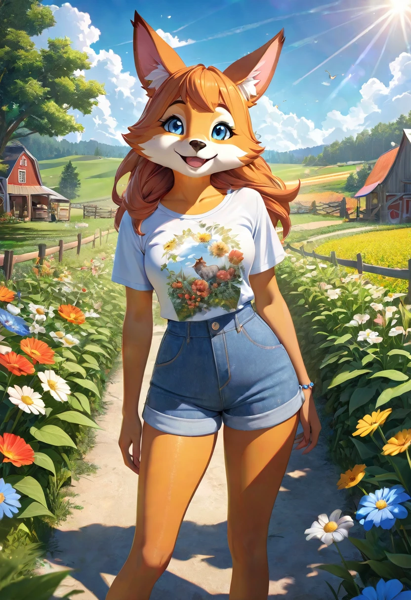 top quality, highres, High-quality illustrations, unparalleled masterpiece(movie of life)nature inspired imagery, rendered in maya, romanticized views, lively illustrations, hyper realistic, whimsical cartoonish, farm, Blue sky, clouds, florals Beautiful garden(furry anthro, solo, girl, casual fashion, Relux pose, Smile)absurdres, perfect ???????, caustics, cinematic lighting, lens flare, deep shadow, dynamic angle,