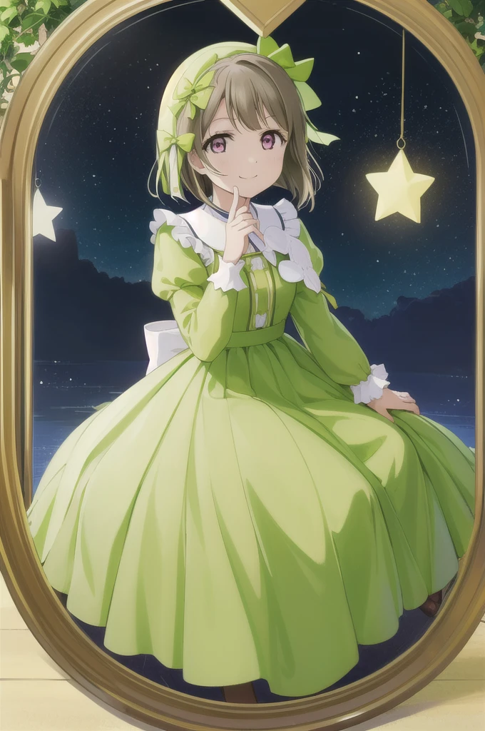 (Highest quality, masterpiece:1.2), One girl, alone, (whole body:1.2), smile, View your viewers, Sitting, Mouth closed,
nakasu kasumi, Mbe Dress, Green ribbon, Yellow striped dress, Huge bow, Puffy sleeves, cute, 
mirror, heart_sign, star \(symbol\),
 