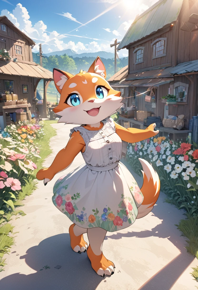 top quality, highres, High-quality illustrations, unparalleled masterpiece(movie of life)nature inspired imagery, rendered in maya, romanticized views, lively illustrations, hyper realistic, whimsical cartoonish, farm, Blue sky, clouds, florals Beautiful garden(furry anthro, solo, girl, casual fashion, Relux pose, Smile)absurdres, perfect anatomy, caustics, cinematic lighting, lens flare, deep shadow, dynamic angle,