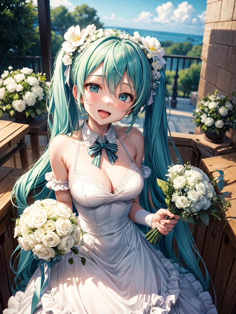 hatsune miku, very shame, very cute, wedding dress, holding a bouquet, showing the tongue, big tits