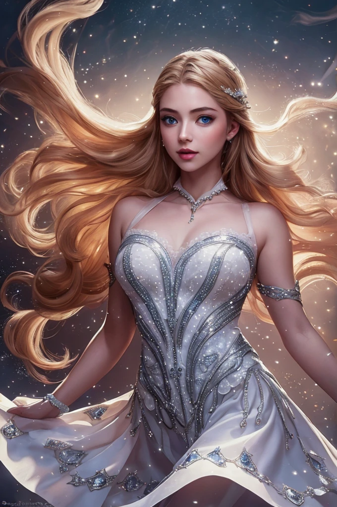 a beautiful young woman, Odette from Mobile Legends, elegant ballet dancer, long flowing white dress, graceful poses, enchanting blue eyes, delicate facial features, flowing silver hair, serene expression, glowing crystalline wings, ethereal and magical atmosphere, intricate fantasy background, shimmering lights, soft pastel colors, cinematic lighting, highly detailed, photorealistic, 8k, masterpiece