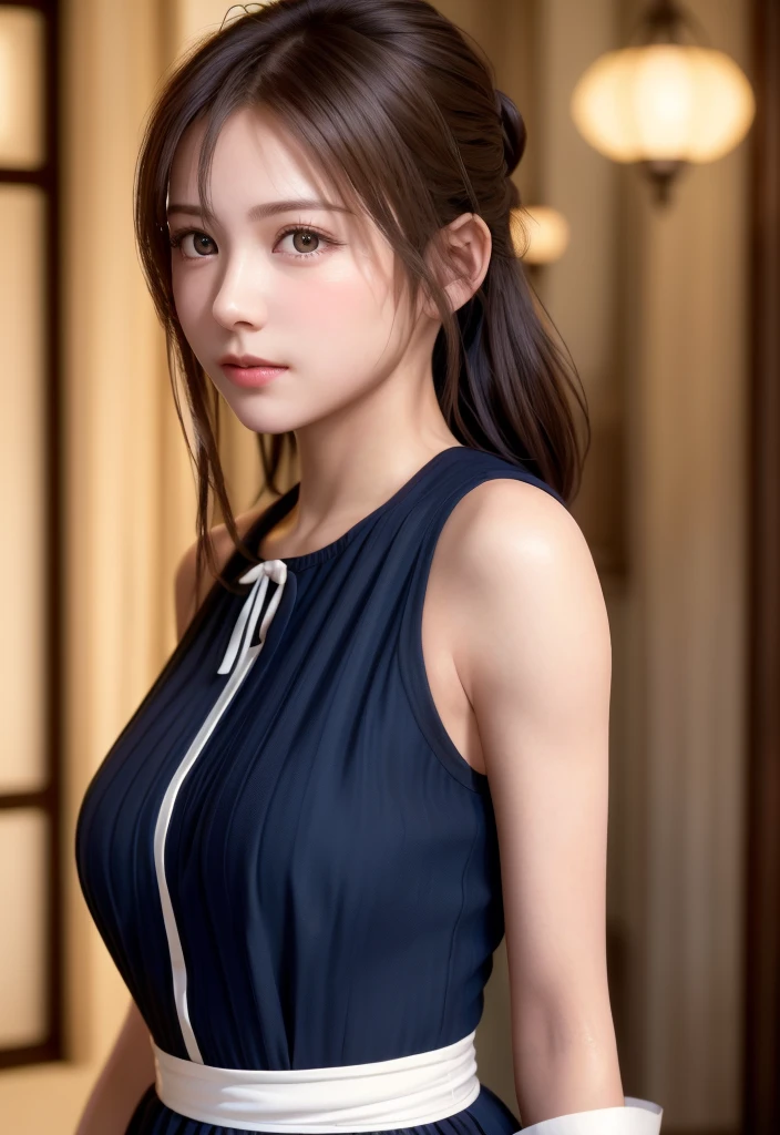 8K, of the highest quality, masutepiece:1.2), (Realistic, Photorealsitic:1.37), of the highest quality, masutepiece, Beautiful young woman, Pensive expression,、A charming、and an inviting expression, Cute Maid Clothes, Hair tied back, Cinematic background, Light skin tone