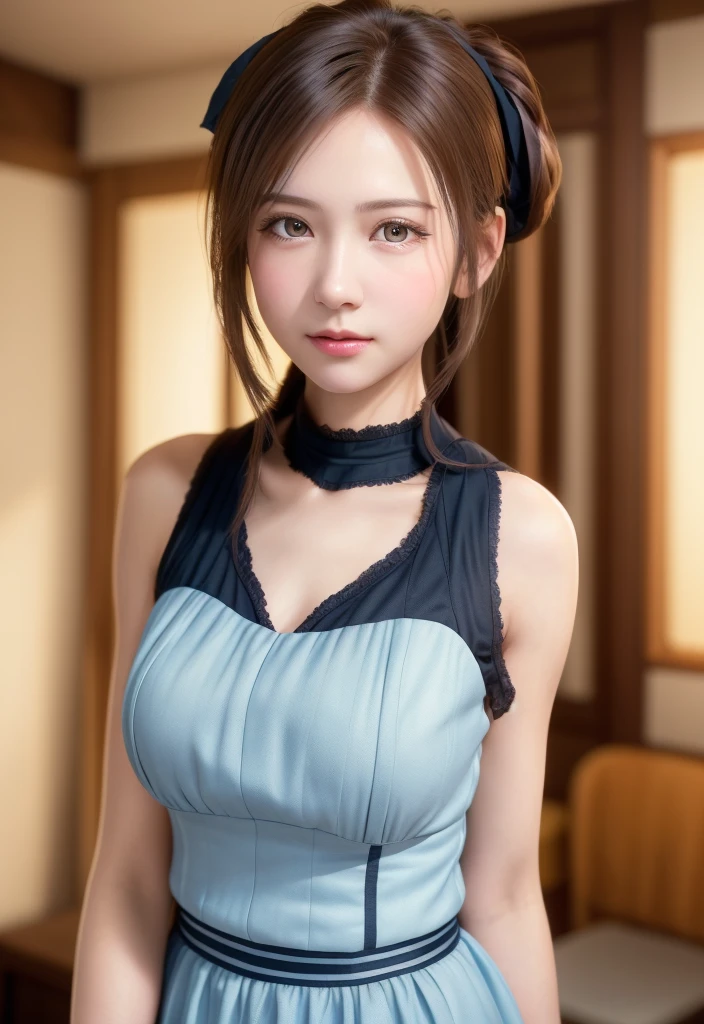 8K, of the highest quality, masutepiece:1.2), (Realistic, Photorealsitic:1.37), of the highest quality, masutepiece, Beautiful young woman, Pensive expression,、A charming、and an inviting expression, Cute Maid Clothes, Hair tied back, Cinematic background, Light skin tone