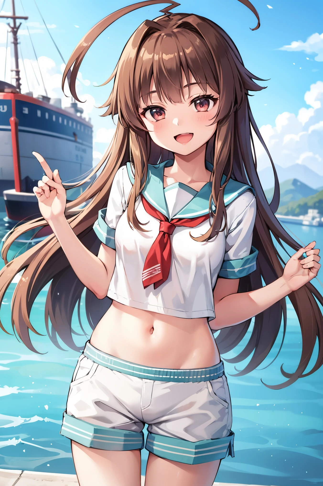 1young_teen_ girl,  brown_hair, long_hair, sailor_uniform,white_ baggy_shorts, short_sleeve, thighs, small_breasts, big_smile, open_mouth, standing, harbor_background, slightly_spread_legs, happiness, covered_crotch,ahoge,XD,exciting,