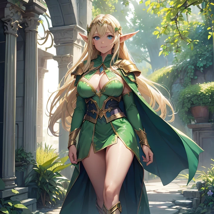 (absurdres, high fantasy artwork, best high quality image, carefuly detailed, very detailed features and textures) (alone solo character, front view), warcraft-high elf-aesthetic)
{{(1character: 26 years old elf girl, tall voluptuous body, long straight golden hair, short pointy ears, ligh blue eyes, big breasts, beautiful legs, beautiful arms), (ligh-armor, green fairy short dress, green scarf, white long sleeves, green heeled shoes, (golden elvish long-bow)), (Comedic funny and sweet smile, cheerful and hilarious demeanor), (Greek garden road with pink and blue flowers)}}
