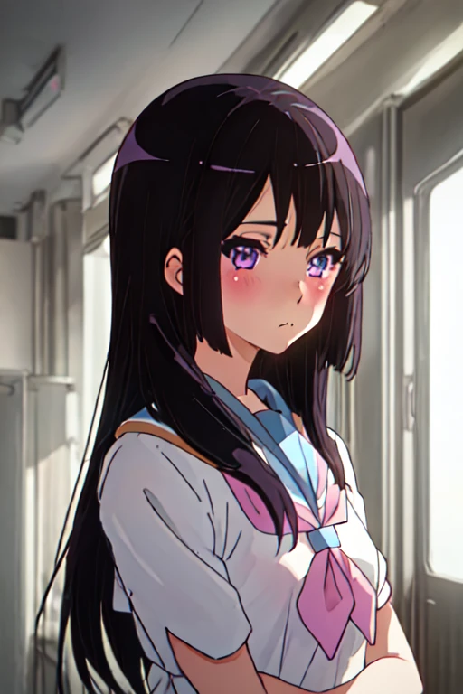 Highest quality, masterpiece, High resolution, alone, black_hair, length_hair, purple_eye, blush, 前hair, Closed_mouth,  uniform