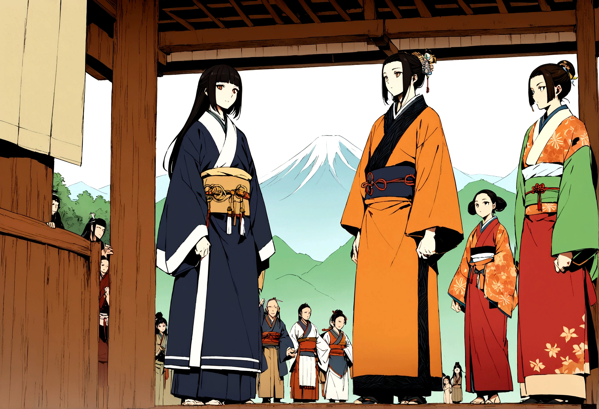 "A group of people from the ancient Yamatai Kingdom in Japan, dressed in traditional clothing from the Yayoi period. They are standing in a serene village setting with traditional wooden houses and lush greenery. The men and women have distinct features typical of East Asian descent, with long, dark hair and almond-shaped eyes. The men are wearing simple, loose garments made of natural fibers, while the women are adorned in more elaborate clothing with intricate patterns and accessories. The background shows a glimpse of the surrounding forest and mountains, adding to the historical and cultural atmosphere."