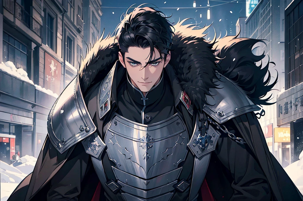 Masterpiece, Highest quality, Heavy snow, Cold Weather, realistic, 1 person,  man, A quiet and charming young man, 30 years old, smile, gag, Portrait, Highly detailed face, 寒さとsmile, ((blue eyes)), ((black short hair)), [Thick eyebrows], battlefield, ((black long coat)), ((all black)), (blue eyes) ,Short Black Quiff Hair with Soft Fringe, handsome , muscle, Facial expressions, Black Knight Armor (Plain black armor) , black fur shawl(Masterpiece,best quality,special, (Broad shoulders)) (muscle), male focus, Hand Held Weapons (Crescent repeater),Lipo,Fang Tian Hua Ji, Face gigantic and terrifying monsters.. Describe the man&#39;s appearance., Details of his repeater, Characteristics and characteristics of monsters, and convey the tension and power of the encounter..