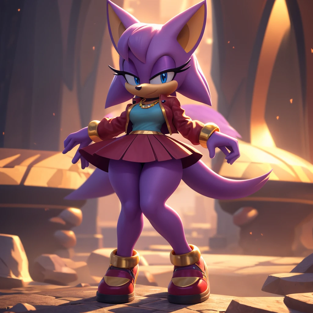 Mobian, jackal, female, lilac shirt, matte red jacket, long matte red skirt,long skirt, dark green shoes, gold jewelry with gold stones, blue eyes, yellow makeup, huge , huge legs, bimbo lips, beige fur, high detail, masterpiece, UHD, anatomically correct, super detail, highres, 4K