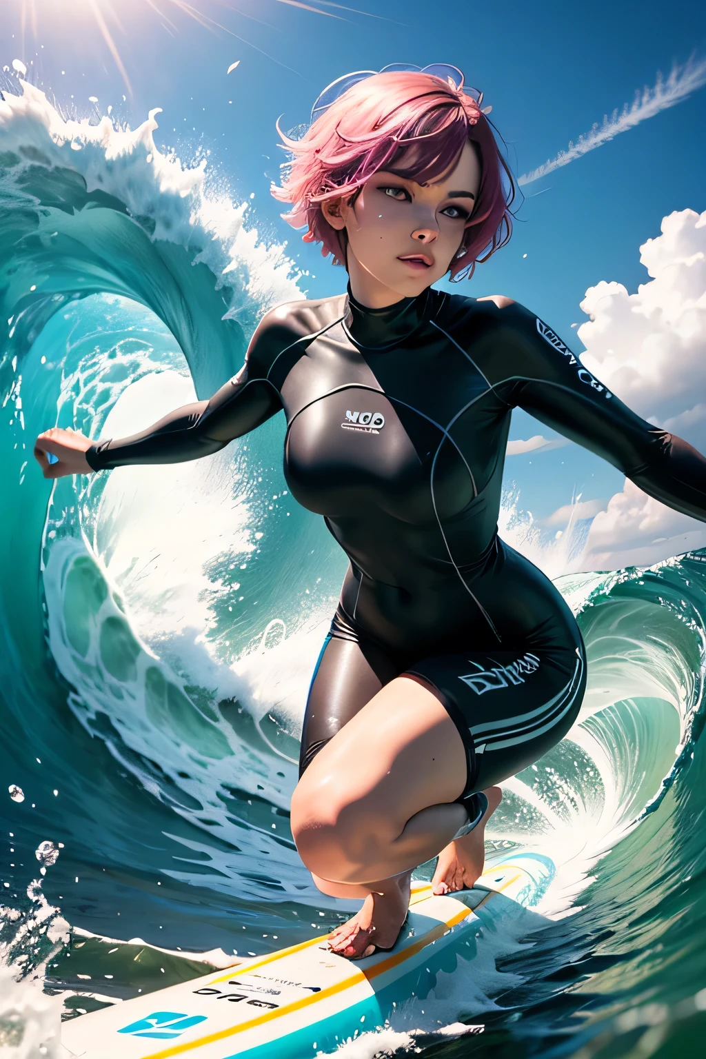 Beautiful model with short pink hair, striking blue eyes, and an hourglass body, riding a wave on a surfboard in the ocean. She is wearing a colorful wetsuit. Captured with a GoPro Hero9, using natural sunlight and high-speed photography to capture the dynamic action. The image is photorealistic with intricate details and sharp focus, showcasing the thrill of summer surfing.