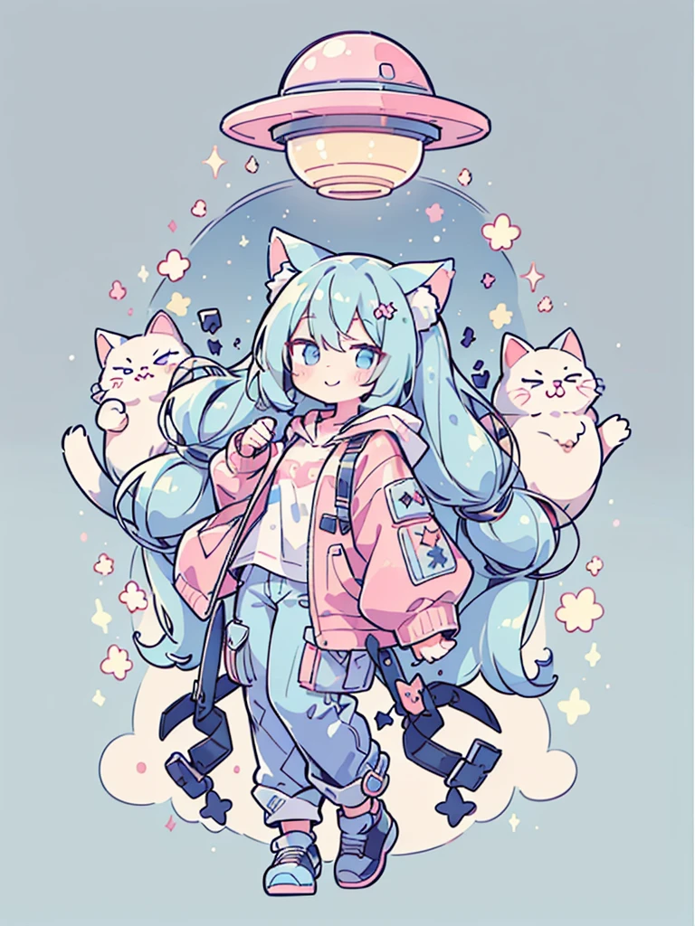 ((Highest quality，masterpiece，Extremely complex and exquisite details，The only woman with gray and blue cat ears and long hair stands in the center.，Gray blue super long straight hair，Curly hair at the ends，Sparse air bangs，Gray and pink T-shirt，Denim hooded cropped jacket，Black and gray long cargo pants))，(pink and white sneakers，Smile slightly，Surrounded by tons of cute short-legged cats，Correct anatomy)，Super Q cute full body picture，Starry sky background vertical painting space scene