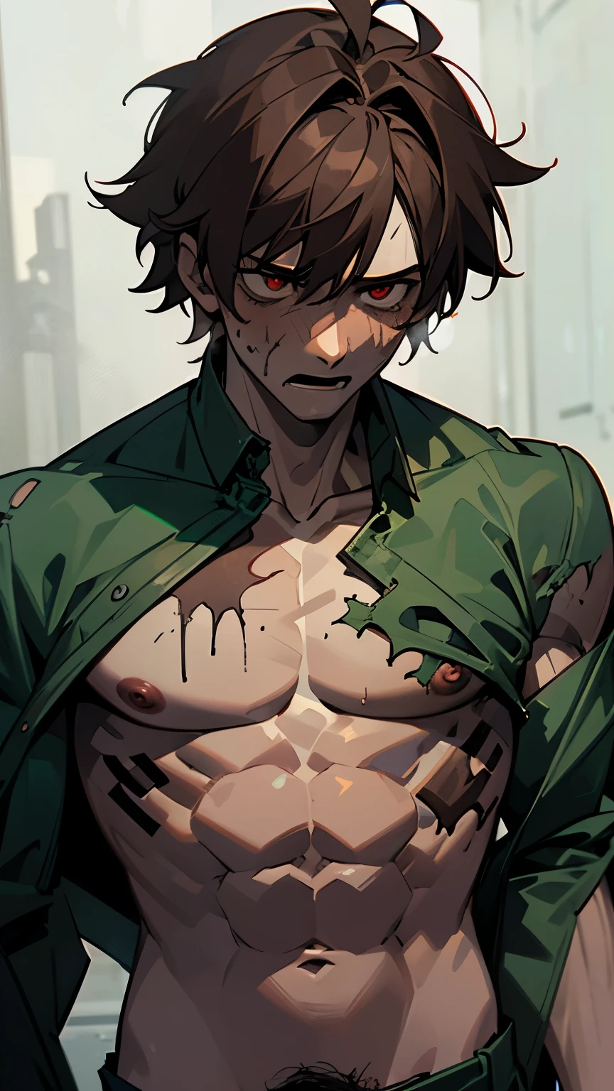 (NSfw), solo male, 1 male, zombie, 23 years old man, brown hair, messy hair, red eyes, pale green skin, muscular, big body, v taper, abs, big chest, shirtless, pants less, naked, fully naked,ripped shirt, ripped clothes, menacing face, serious face, body scars, body wound, bruise, at deep dark forest, penis, dick,