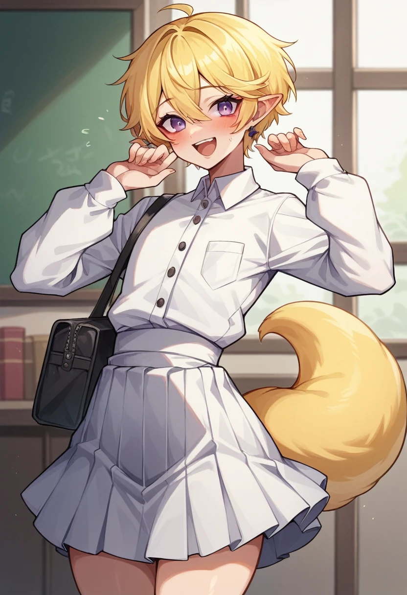 kendomurft, vtuber, femboy, yellow hair, violet eyes, student clothes, Ears in hair, yellow tail, Blushing, happy, long sleeves, white clothes, black chalequito, skirt, short hair, whole body, long nylon, chaleco negro, sex, falda levantada, pene, sexo, otro chico desnudo