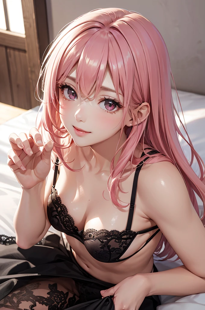 Best Quality,High resolution,8K,finelity detailed background,Masterpiece:1.2),beautiful girl,Shiny pink hair,messy hair,Pink eyes,Gentle look,A refreshing look,Best quality,Best Quality,Aesthetic and aesthetic:1.2,Best details((Super detailed))(High-definition CG illustrations),Black underwear (black,intricate lace),bodystocking,Slender body,morning,morning日,Bedroom,On the bed,smile,blush,cute,Scrounge,Looking up,Being spoiled,super model,shoot from below