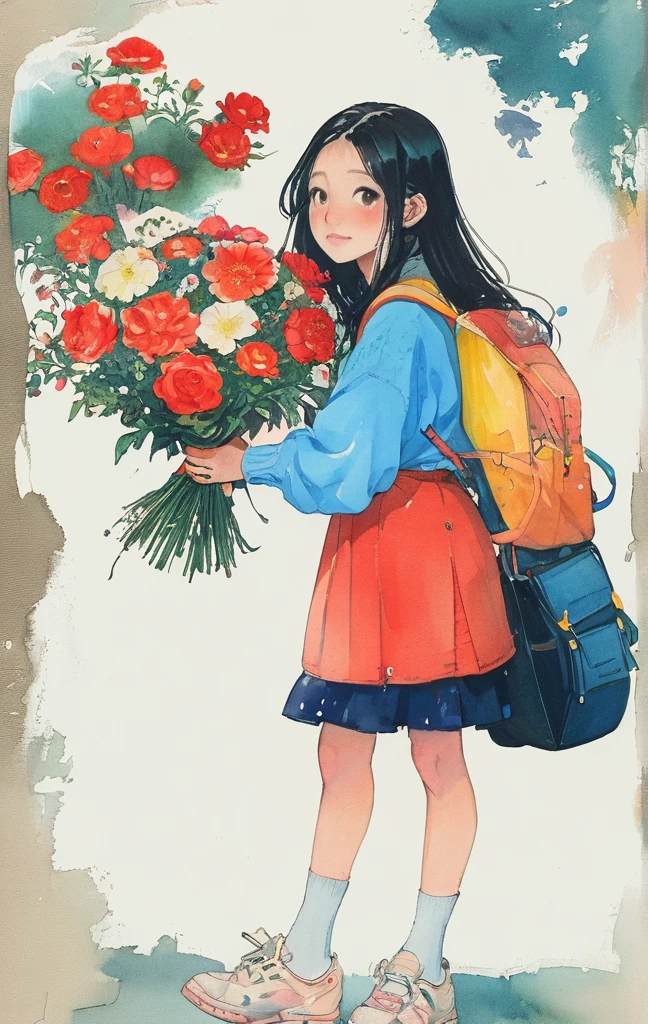 On a bright red campus"YES"Character、8K,masterpiece,top-quality, (From below:1.6) ,Dynamic Pose,30 years old 1 girl, Holding a large bouquet,Portrait, Floral, watercolor sketch, light, Long hair, ssmile, watercolor paiting \(Medium\),watercolor paiting,Plain tank top,Plain light blue sweater,long skirt
