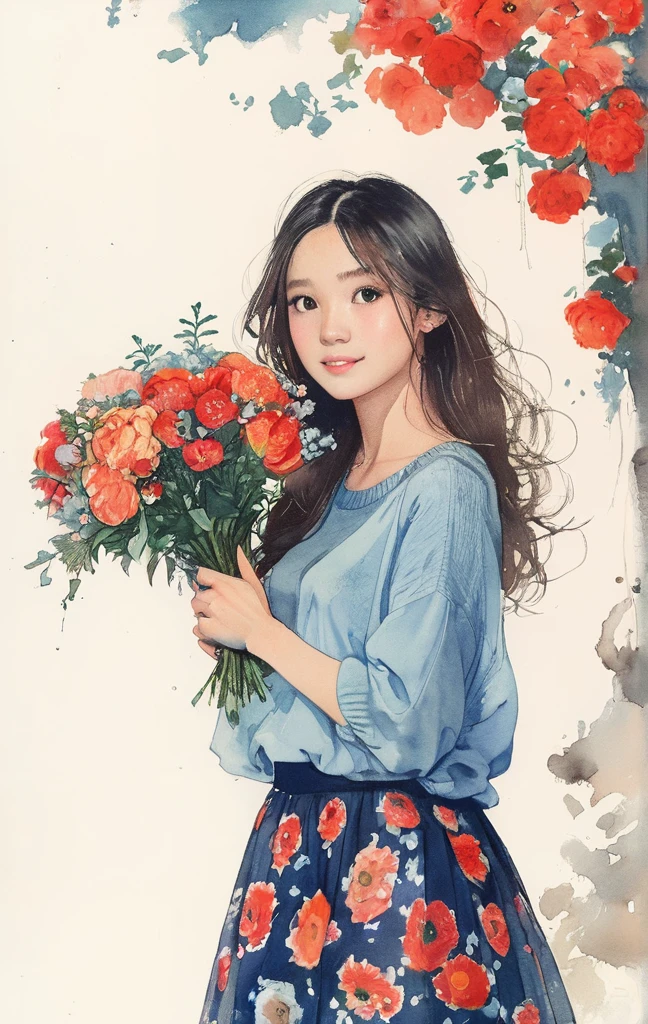 On a bright red campus"YES"Character、8K,​masterpiece,top-quality, (From below:1.6) ,Dynamic Pose,30 years old 1 girl, Holding a large bouquet,Portrait, Floral, watercolor sketch, light, Long hair, ssmile, watercolor paiting \(Medium\),watercolor paiting,Plain tank top,Plain light blue sweater,long  skirt