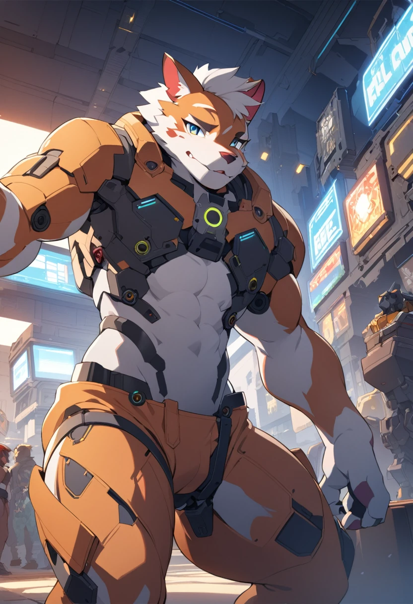 top quality, High-quality illustrations by Johannes Vermeer, masterpiece, Dark_Fantasy, Cyberpunk, steam punk(super handsome boy, single, kemono)Mechanical marvel, Robotic presence, Cybernetic guardian, wearing a worn-out mech suit, intricate(steel metal, rusty)(furry anthro:1.7)(Furry body, dog facial features, dog body features)elegant, clear focus, shot by greg rutkowski, soft lighting, vibrant colors, masterpiece((street))cowboy shot, dynamic pose,