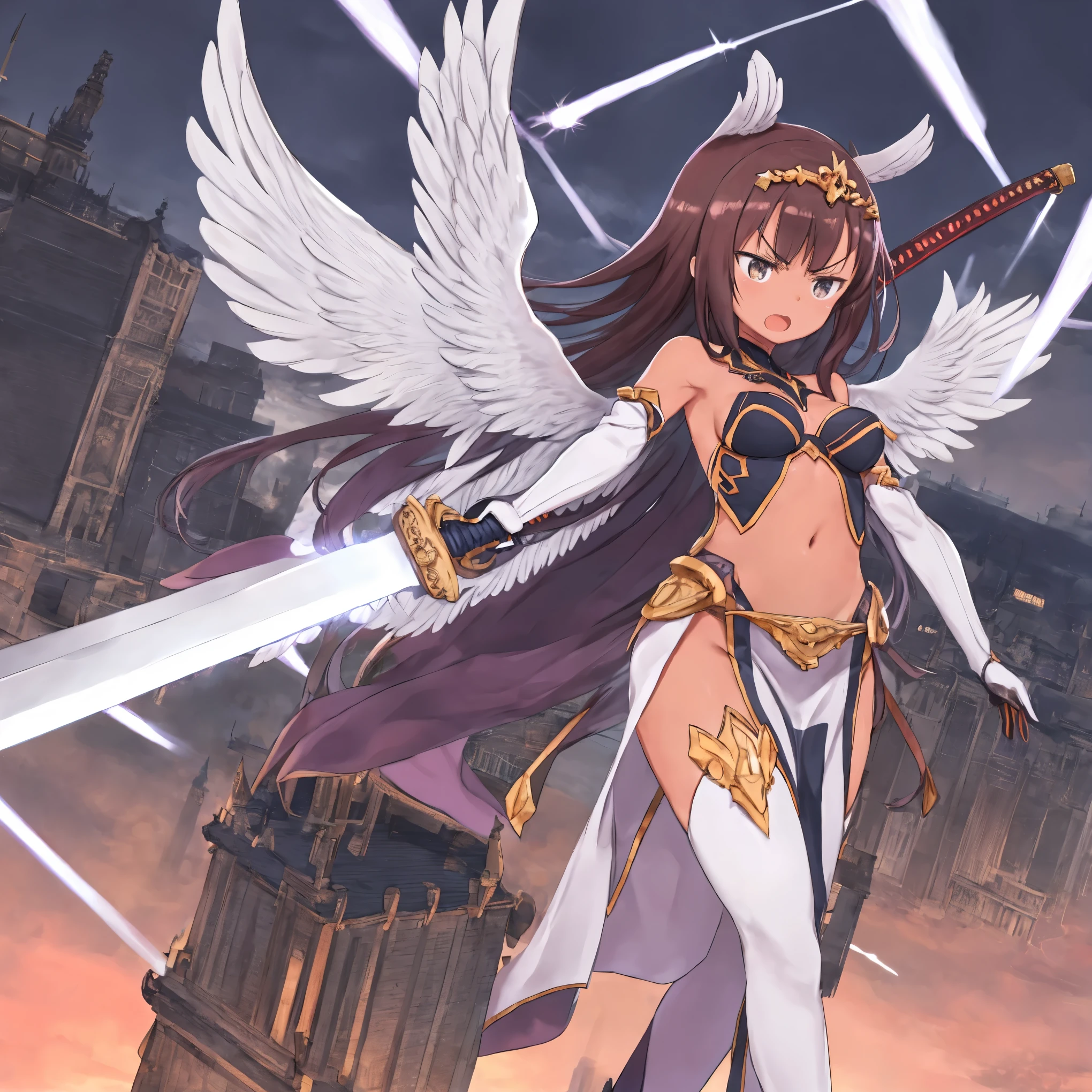 fantasy, 1angel_girl, low_teen, dark_brown_hair,long_bangs, (dark_skin)+, bare_shoulder, navel out, thighhighs,silver_shiny_armor, white_clothes,waist_armor, Glebe, hold_swords_emits_light, medium_breasts, dynamic_flying_pose,Floating, (1pair_white_wings:1.2),(pelvic_curtain:1.3), silver_Headgear ,looking_down_at_sunset_city_sky_background,,slightly_spread_legs, some_swords_emits_light,some_swords_emits_light_floating_around_the_girl,solo,glare_halo,angry,shout,open_mouth,open_legs,open_arms,rise_knee,rise_leg,rise_thigh,rise_leg,forward_leaning_posture,apart_legs,