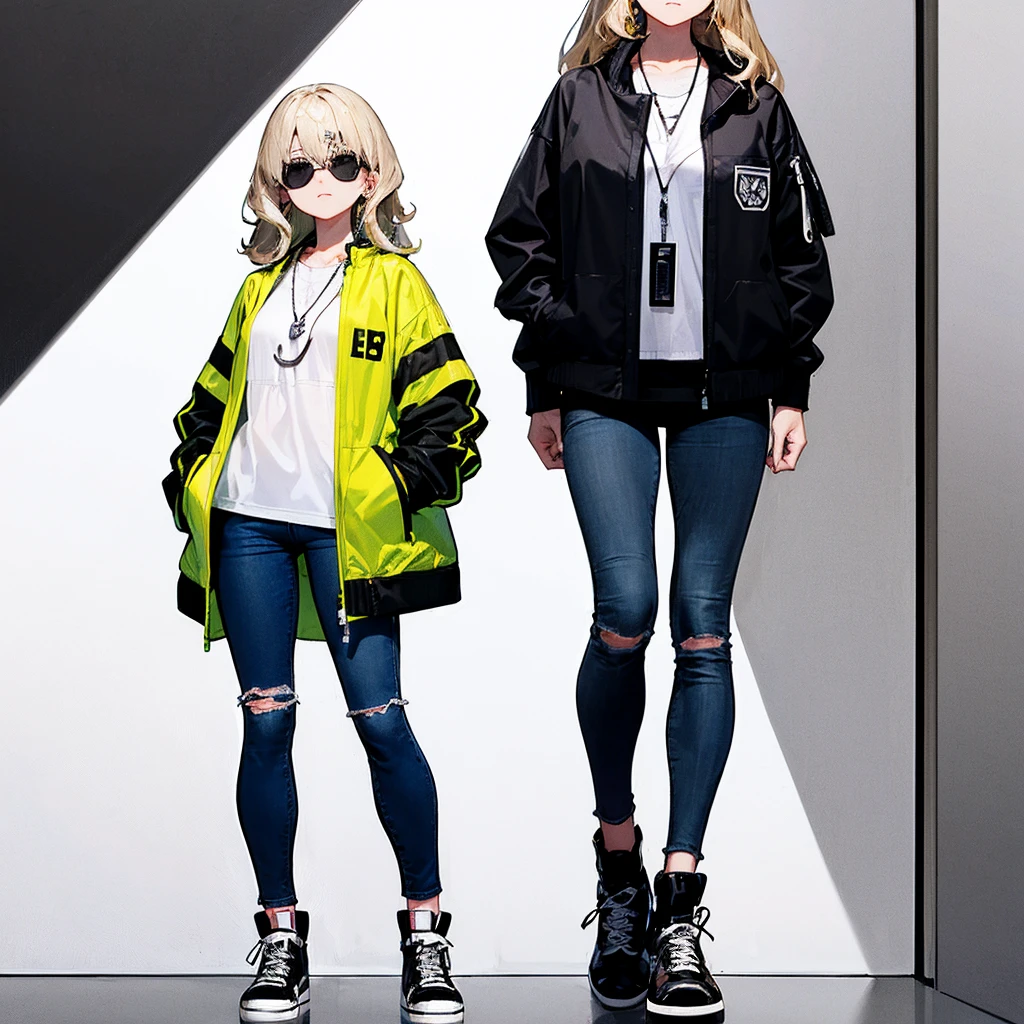 Long, wavy blonde hair that cascades down her back with a few loose strands framing her face.
Eyes: Hidden behind sleek black sunglasses with a reflective lens.
Outfit: A stylish grey jacket with a modern cut—think a slightly oversized bomber jacket with minimalistic zippers and pockets.
Top: Underneath the jacket, a simple white t-shirt or graphic tee with a subtle, cool design.
Bottoms: Black skinny jeans or ripped jeans for a trendy look.
Footwear: White high-top sneakers or sleek black boots.
Accessories: Minimal jewelry—perhaps a silver chain necklace and small stud earrings.