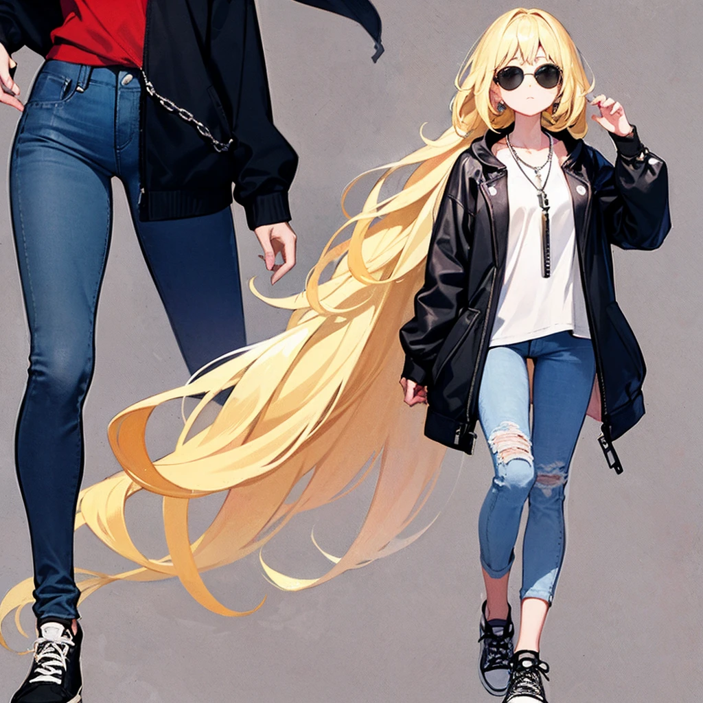 Long, wavy blonde hair that cascades down her back with a few loose strands framing her face.
Eyes: Hidden behind sleek black sunglasses with a reflective lens.
Outfit: A stylish grey jacket with a modern cut—think a slightly oversized bomber jacket with minimalistic zippers and pockets.
Top: Underneath the jacket, a simple white t-shirt or graphic tee with a subtle, cool design.
Bottoms: Black skinny jeans or ripped jeans for a trendy look.
Footwear: White high-top sneakers or sleek black boots.
Accessories: Minimal jewelry—perhaps a silver chain necklace and small stud earrings.