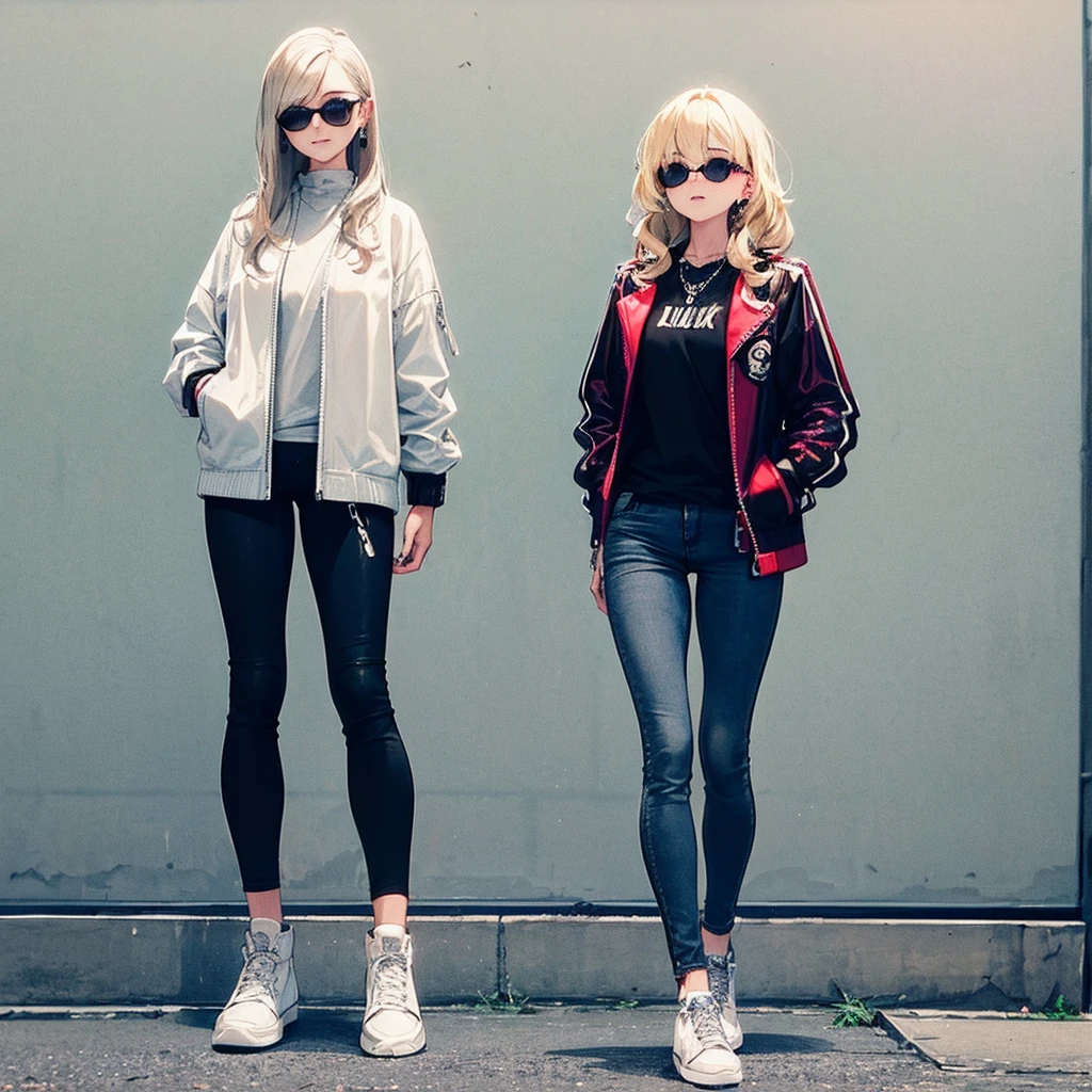 Long, wavy blonde hair that cascades down her back with a few loose strands framing her face.
Eyes: Hidden behind sleek black sunglasses with a reflective lens.
Outfit: A stylish grey jacket with a modern cut—think a slightly oversized bomber jacket with minimalistic zippers and pockets.
Top: Underneath the jacket, a simple white t-shirt or graphic tee with a subtle, cool design.
Bottoms: Black skinny jeans or ripped jeans for a trendy look.
Footwear: White high-top sneakers or sleek black boots.
Accessories: Minimal jewelry—perhaps a silver chain necklace and small stud earrings.