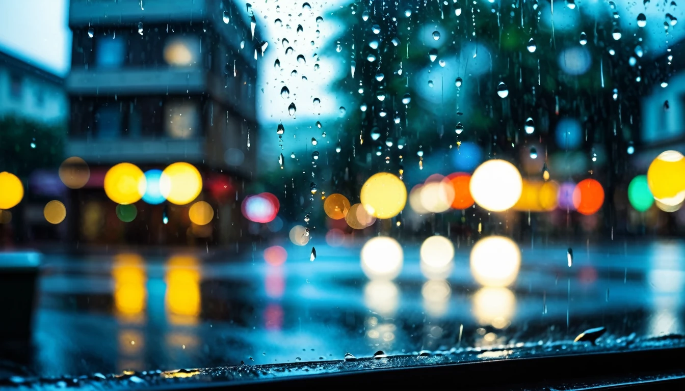 The whole glass window is covered with rain .The fog is so thick that you can’t see the actual scene.Bokeh background outside window.No window frames .Close-up of partial rain on glass.Don’t have a real image in the background.As long as the bokeh effect.You can feel the raindrops flowing on the glass。Rain slides across the glass，Blurred the outside scene，Only the beauty of bokeh is left。This picture makes people feel peaceful、comfortable，It’s like being in a small world sheltered from the wind and rain。poetic picture