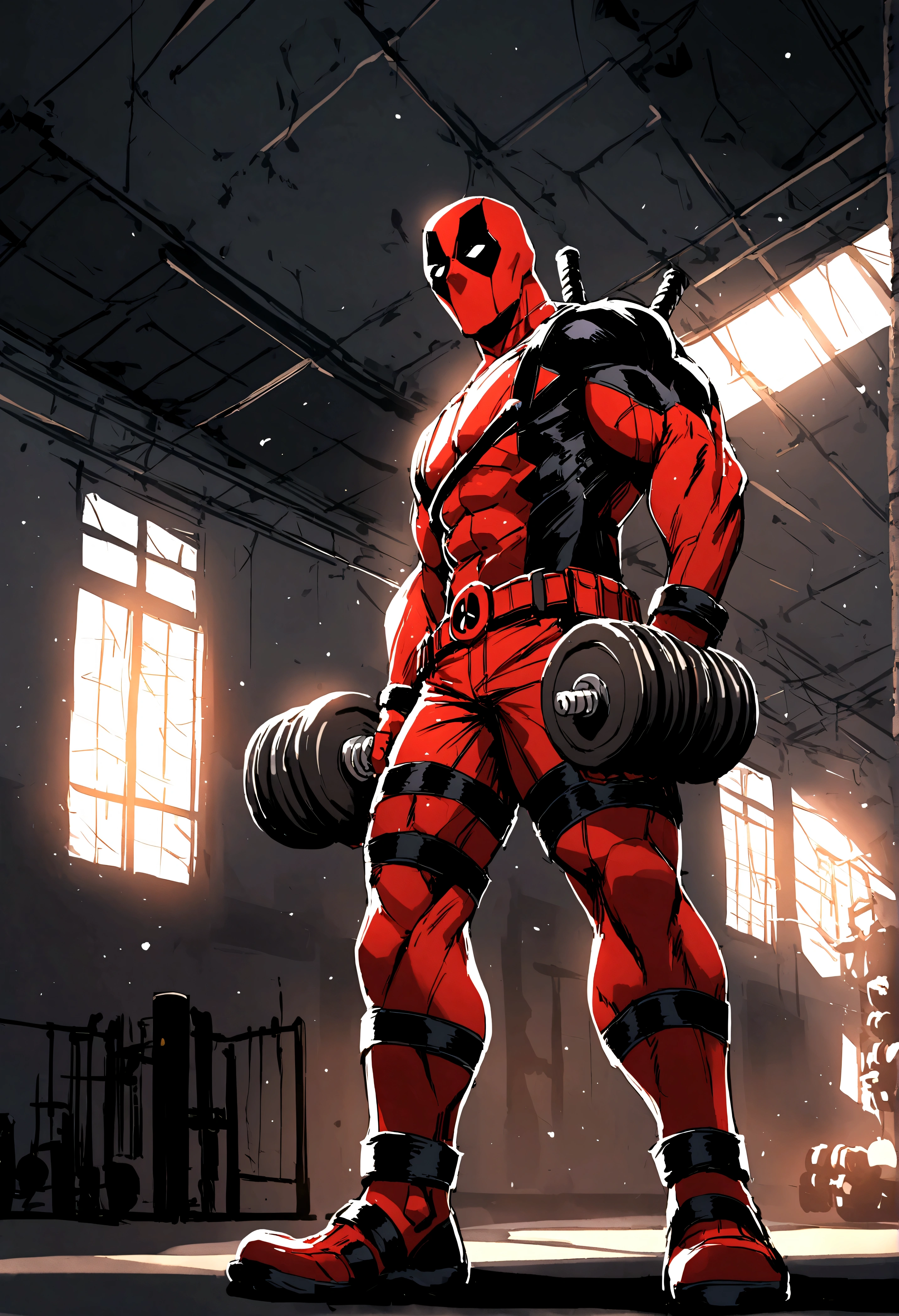 Deadpool carrying some dumbbells in the gym