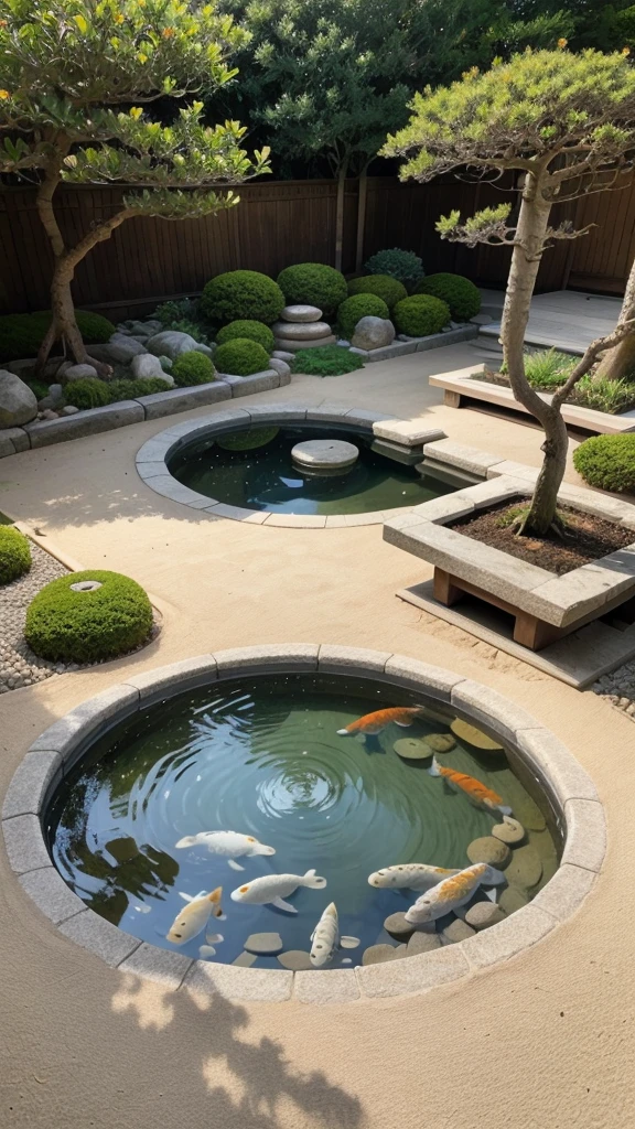 Minimalist Zen Garden: Raked sand in patterns, big stones, bonsai and a small pond with koi fish. Symmetrical composition and soft natural light.