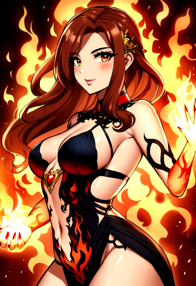 magic, Adult Latina model Daisy Marie, she is a fire elemental her body completely composed of Red and blue fire. flames dance around her body threatening to burn anybody that gets too close.