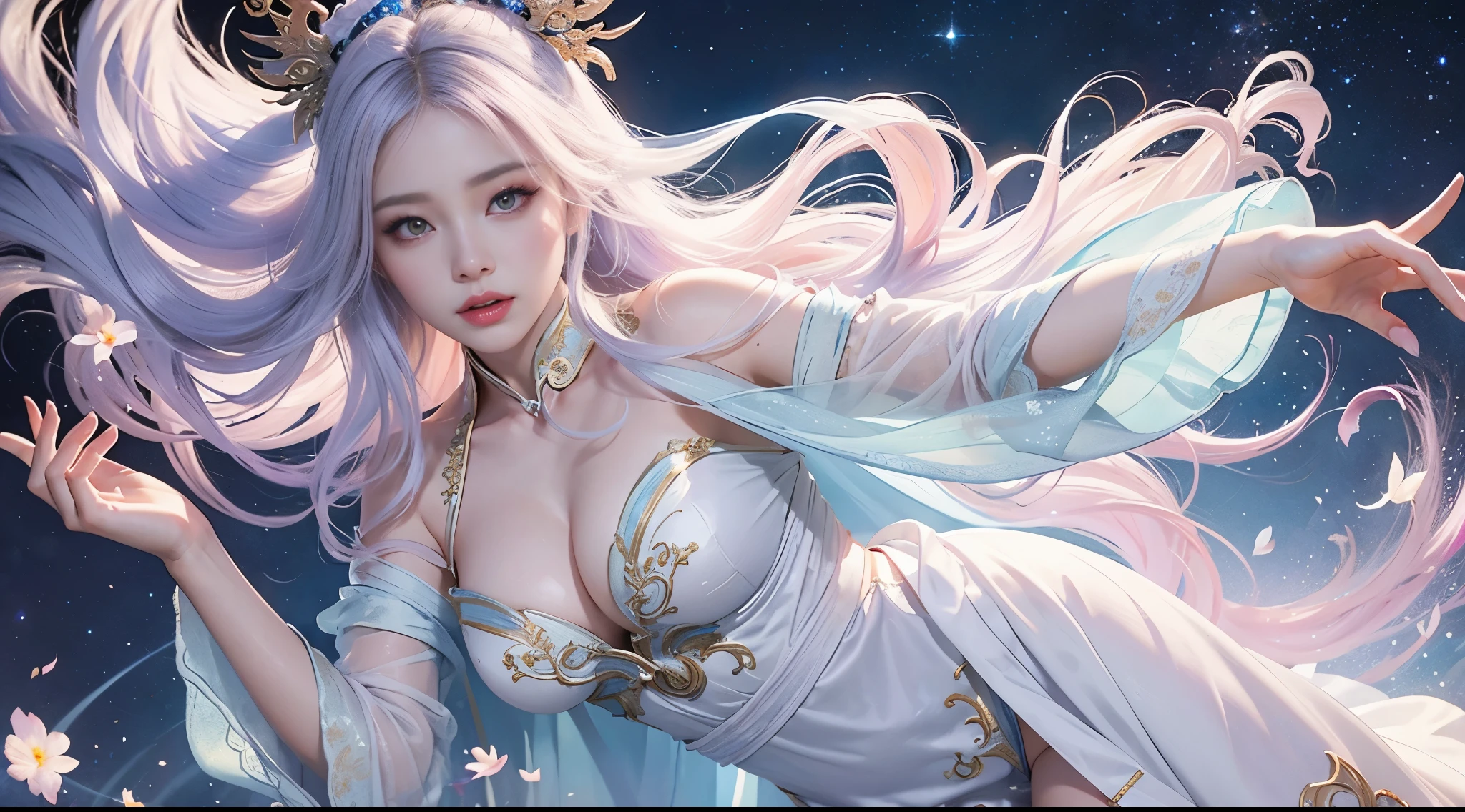 Close-up of woman in costume，Beautiful celestial magician，Amazing young ethereal figure，shaxi，Flowing magic robe，White Hanfu，xianxia fantasy，belle delphine，Ethereal fantasy，Elegant and charming role play，Half lying on the ground，Feminine and colorful，It&#39;s a mess，Night view，Lots of neon