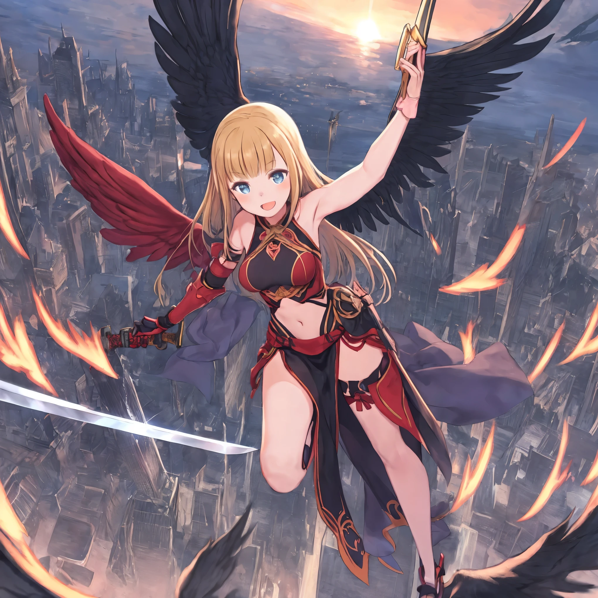 fantasy, 1girl, low_teen, blond_hair,long_bangs, bare_shoulder, navel out, thighhighs,black_armor, red_clothes,waist_armor, Glebe, hold_sword, medium_breasts, dynamic_flying_pose,Floating, (1pair_black_wings:1.2),(pelvic_curtain:1.3), Headgear ,looking_down_city,sunset_city_sky_background,,slightly_spread_legs,some_swords_floating_around_the_girl,solo,light_smile,open_mouth,open_legs,open_arms,rise_knee,rise_leg,rise_thigh,rise_leg,forward_leaning_posture,apart_legs,