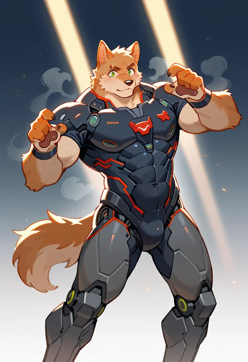 top quality, High-quality illustrations by Johannes Vermeer, masterpiece, Dark_Fantasy, Cyberpunk, steam punk(super handsome boy, single, kemono)Mechanical marvel, Robotic presence, Cybernetic guardian, wearing a worn-out mech suit, intricate(steel metal, rusty)(furry anthro:1.7)(Furry body, dog facial features, dog body features)elegant, clear focus, shot by greg rutkowski, soft lighting, vibrant colors, masterpiece((street))cowboy shot, dynamic pose,
